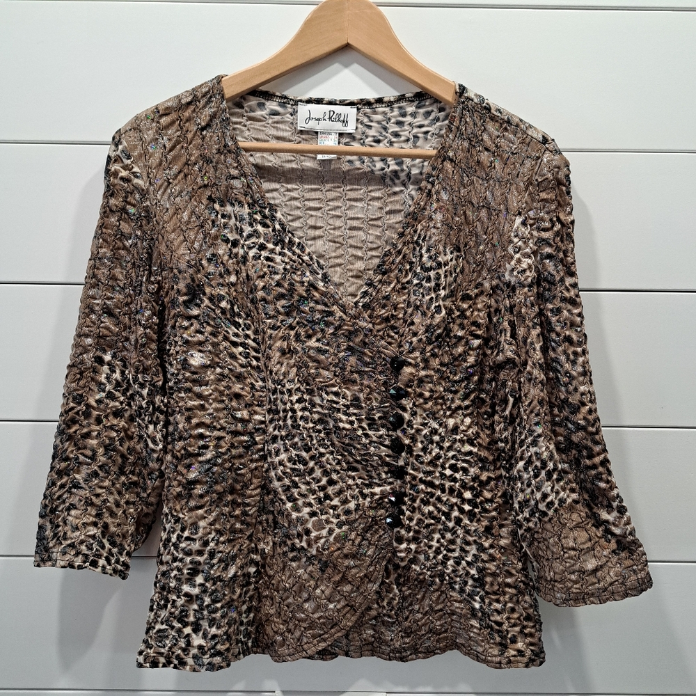 Joseph Ribkoff Textured Animal Print Faux Wrap Y2K Goth Party Top Womens 12